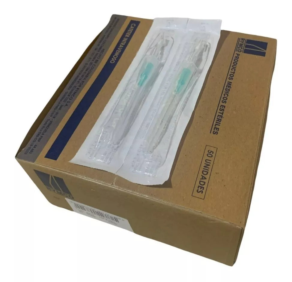 Catéter intravenoso Rymco caja x 50, material flexible, aguja en punta de bisel cortante - Jelt