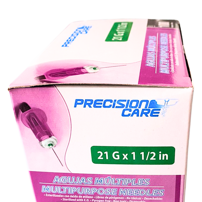 Aguja múltiple 21gx1 1/2 x 100 unidades, precisión care, estéril, acople rosca, punta tribiselada