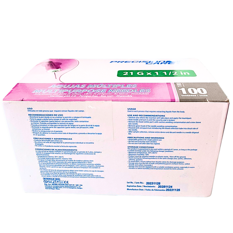 Aguja múltiple 21gx1 1/2 x 100 unidades, precisión care, estéril, acople rosca, punta tribiselada