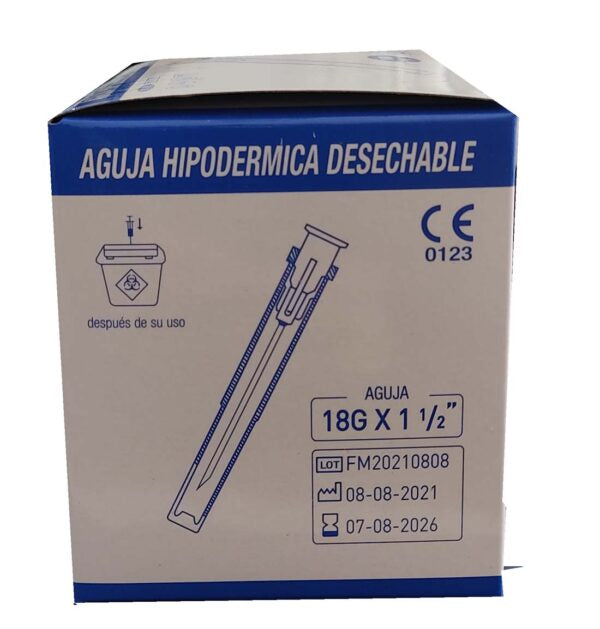 Aguja Hipodérmica 18Gx 1 1/2" caja x 100 unidades, aguja indolora, inyección subcutánea, intradérmica, intramuscular, intravenosa, aguja desechable, estéril, un sólo uso - Jelt