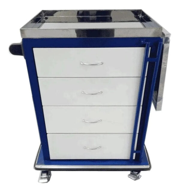 Carro de paro de lujo, lamina superior en acero, estructura en lamina cold rolled, pintura electrostática, porta suero, 4 gavetas, ruedas, 2 ruedas con freno - Jelt