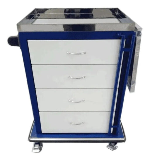 Carro de paro de lujo, lamina superior en acero, estructura en lamina cold rolled, pintura electrostática, porta suero, 4 gavetas, ruedas, 2 ruedas con freno - Jelt