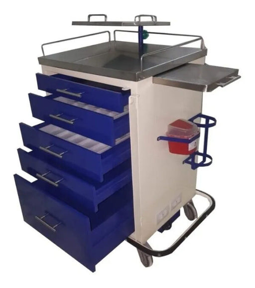Carro de paro 5 gabinetes pintado, tapa en acero inoxidable, porta cilindro, atril de dos ganchos, porta sueros - Jelt