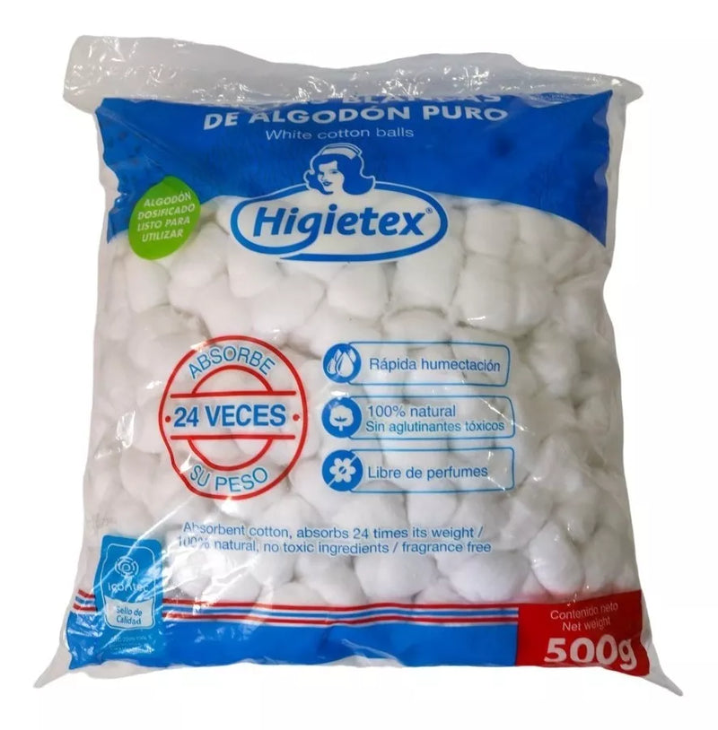 Algodón torundas x500gramos Higietex lgodón blanco, absorbente y purificado.  Libre de impurezas, materiales extraños y desprovista de materia grasa. - Jelt