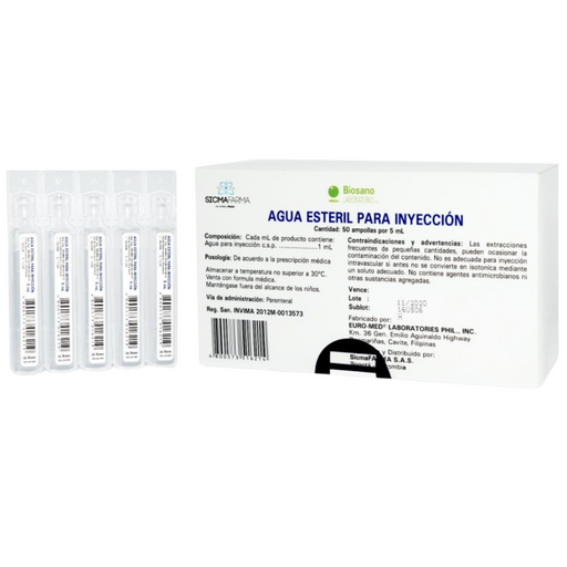 Agua destilada x 5ml, caja x50 para inyección, átomos de hidrogeno, oxigeno, componente líquido, eliminador de impurezas. - Jelt