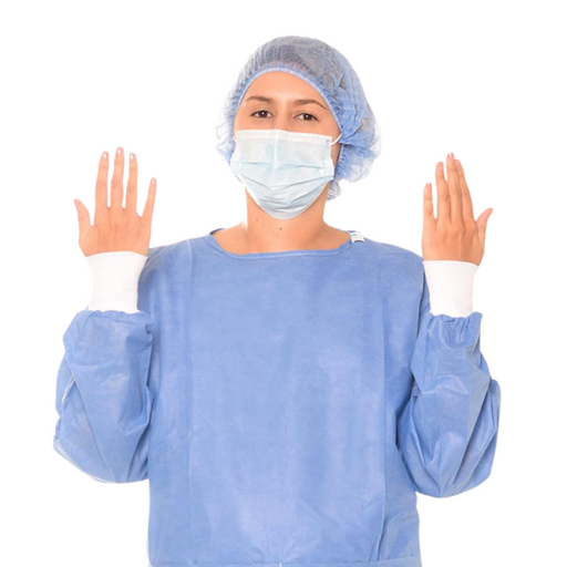 Bata paciente manga larga puño RIB Paquete x10, tela SMS, tiras de amarre, talla única, ribete blanco. - Jelt