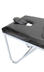 Camilla divan fija con orificio facial y forro en vinilo, cold rolled, cubierta tapizada en cordoban, espuma rosada de alta densidad, uso médico - Jelt