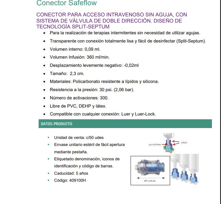 A.T.I CONECTOR S/A SAFEFLOW, acceso intravenoso sin aguja, sistema válvula, doble dirección - Jelt