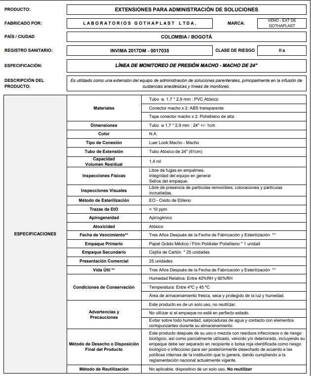 Línea Mon Presión Macho/Macho de 24", caja x25 unidades, equipo de administración, infusión, línea de monitoreo. - Jelt