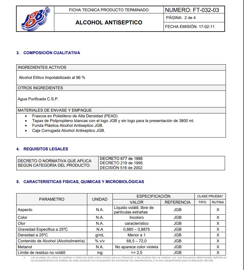 Alcohol antiséptico botella 350ml JGB, limpieza, desinfección, elimina bacterias, antiséptico. - Jelt