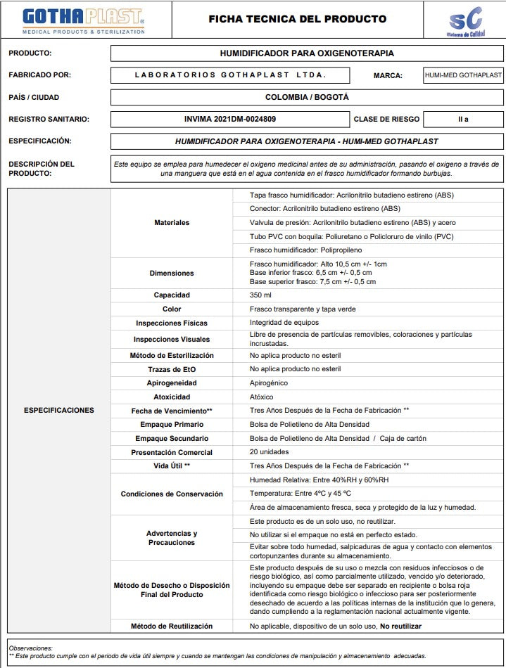 Humificador para oxigenoterapia, Gothaplast, paquete x20 unidades, oxigeno, humificación, acrilonitrilo, abs. - Jelt