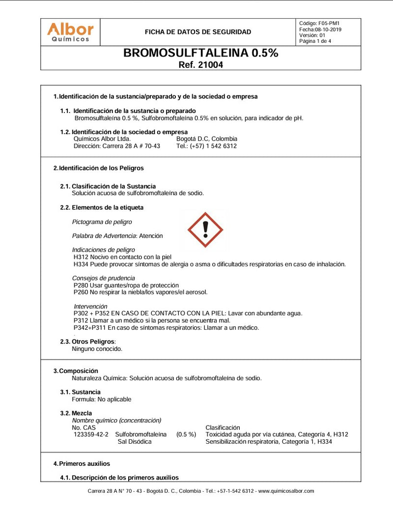 Bromosulftaleina 0,5% Albor de 50ml, análisis químico como indicador de ph, Limpieza y desinfección, diagnóstico veterinario - Jelt