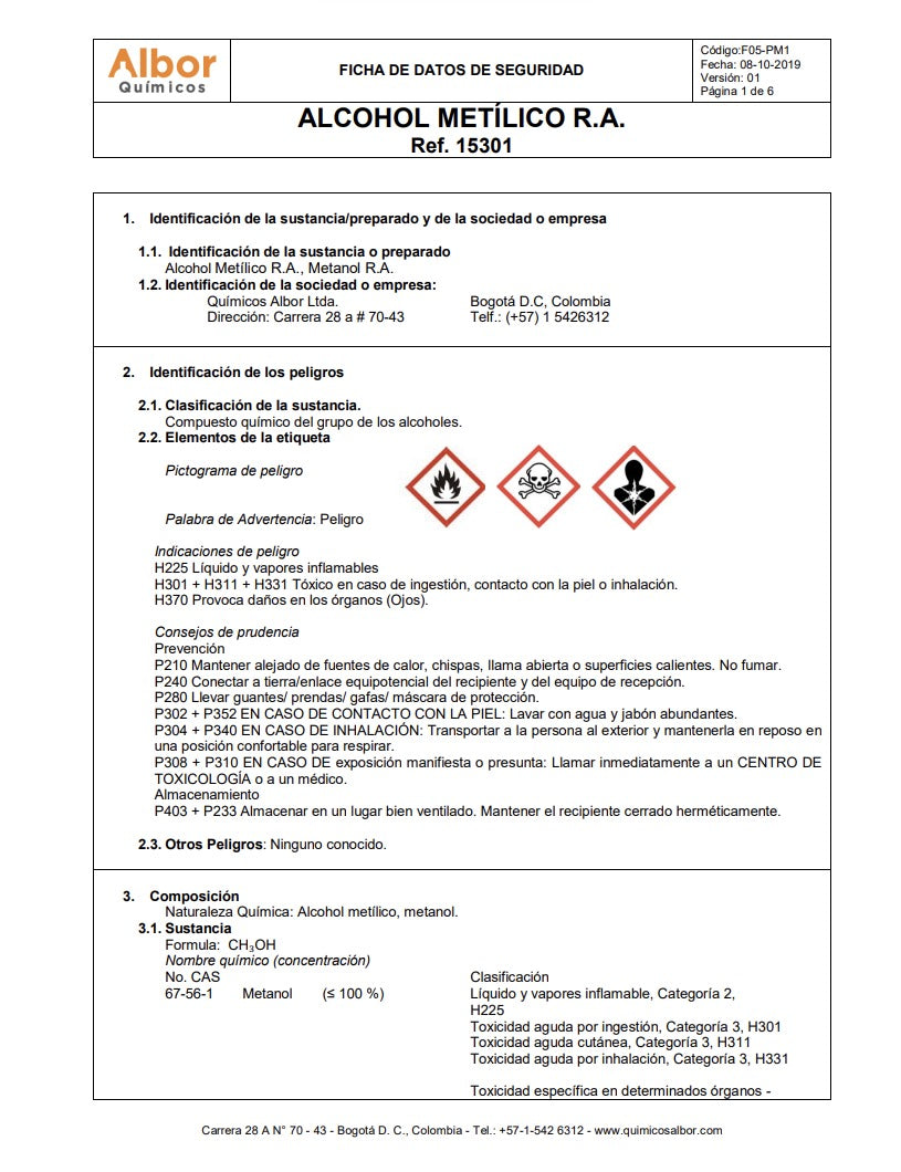 Alcohol metílico R.A. Albor 100ml, reactivo de grado analítico y químico - Jelt