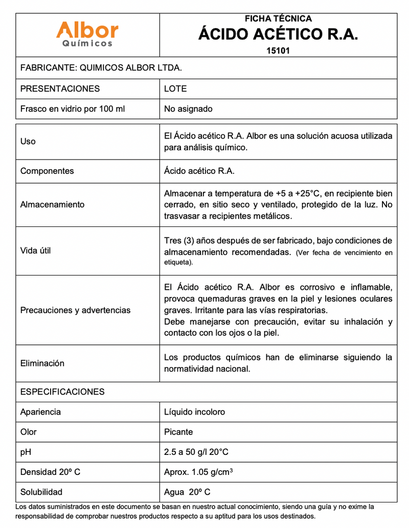 Ácido acético R.A. Albor 100ml - Jelt