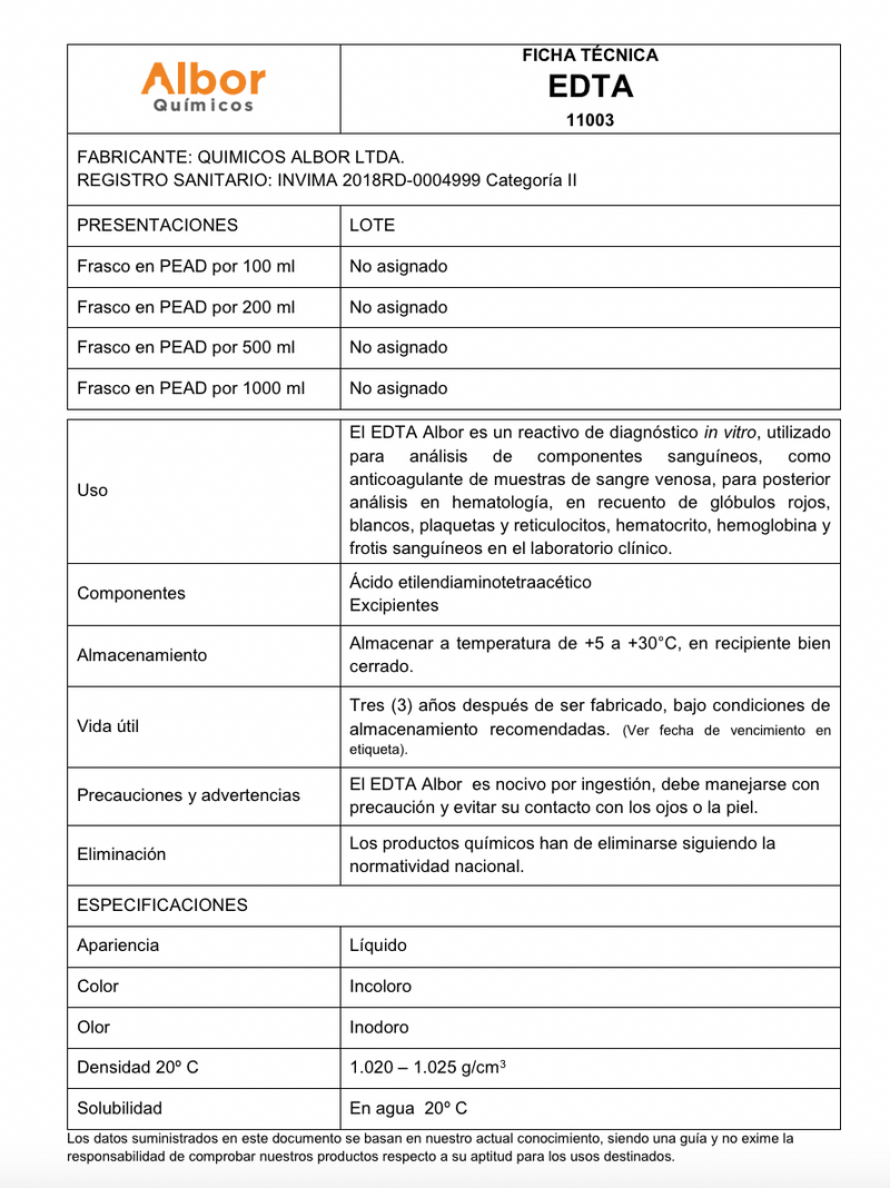 E.D.T.A (anticoagulante) Albor - Jelt