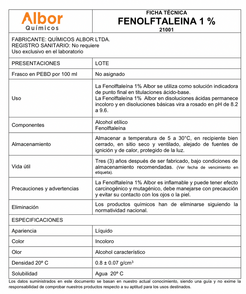 Fenolftaleina 1% (indicador) 100ml Albor - Jelt