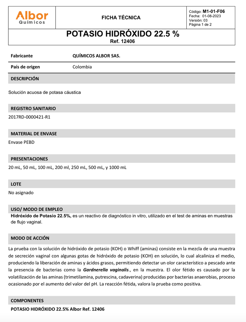 Hidróxido de Potasio 22.5% Albor 100ml - Jelt