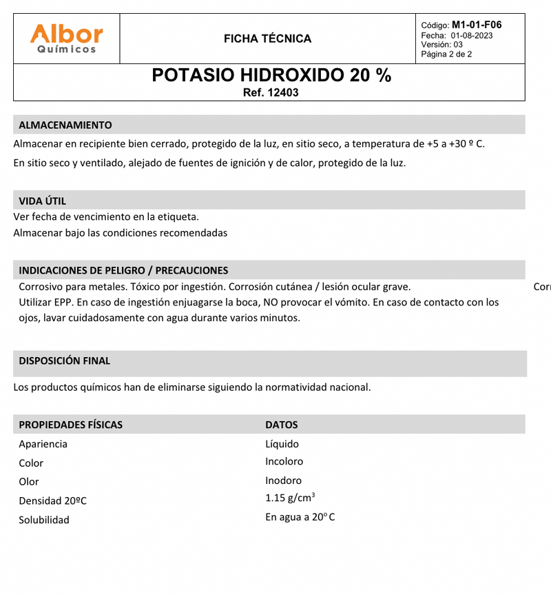 Hidróxido de Potasio 20% Albor 100ml - Jelt