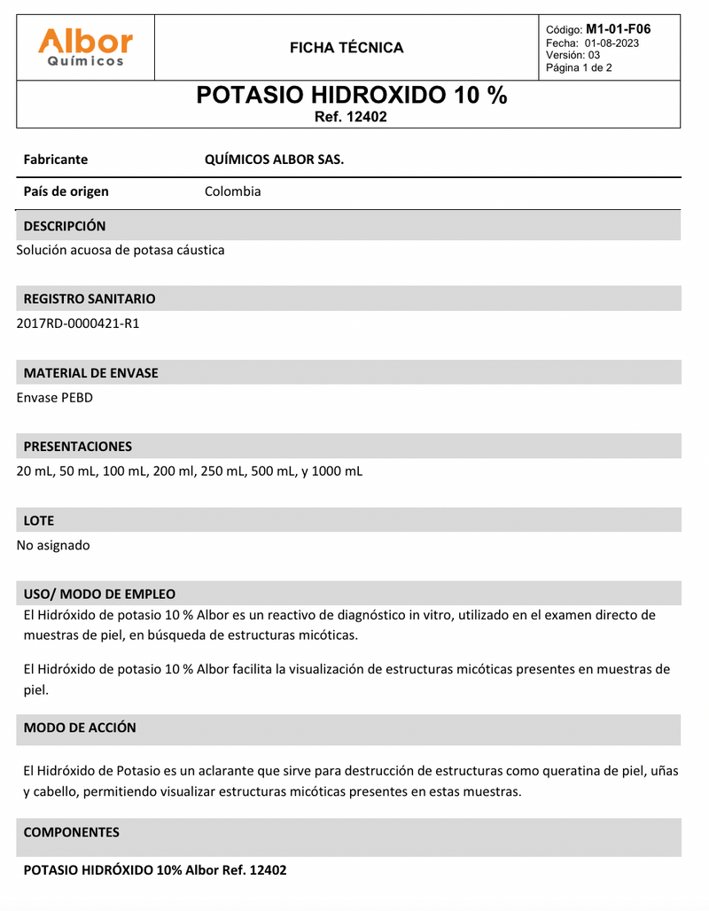 Hidróxido de Potasio 10% Albor 100ml - Jelt
