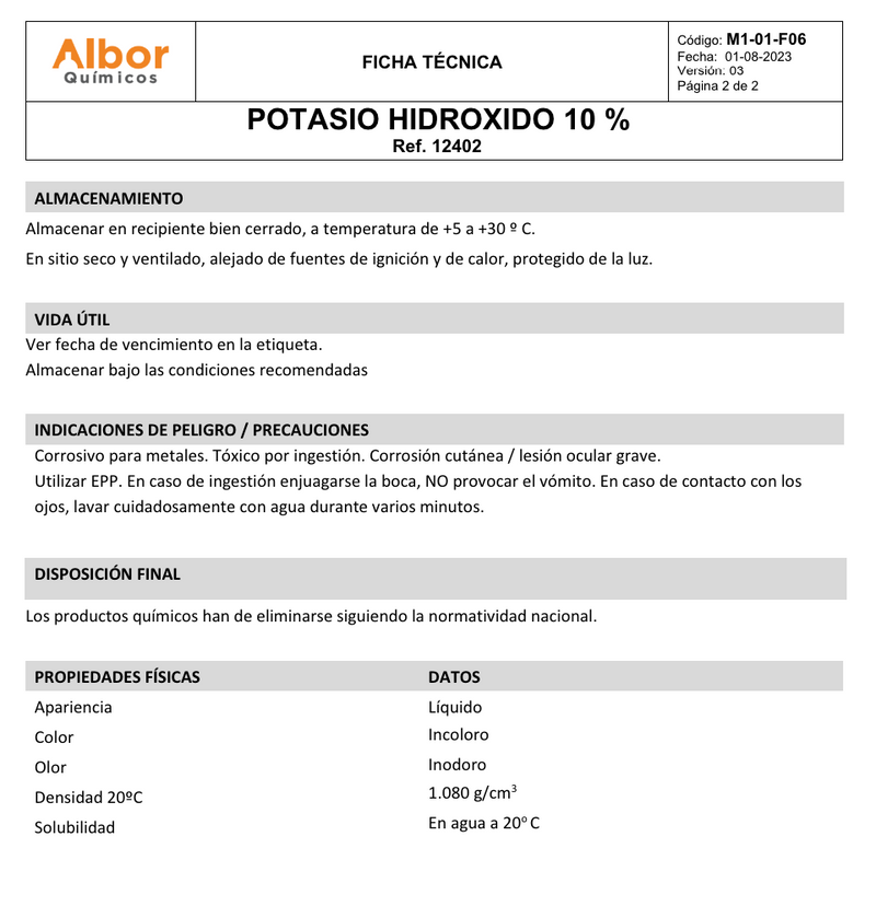 Hidróxido de Potasio 10% Albor 100ml - Jelt