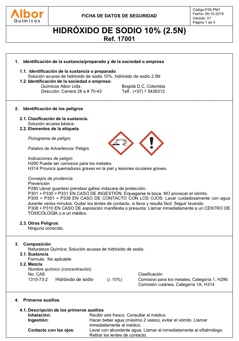 Hidróxido de Sodio 10% (2,5N) Albor - Jelt