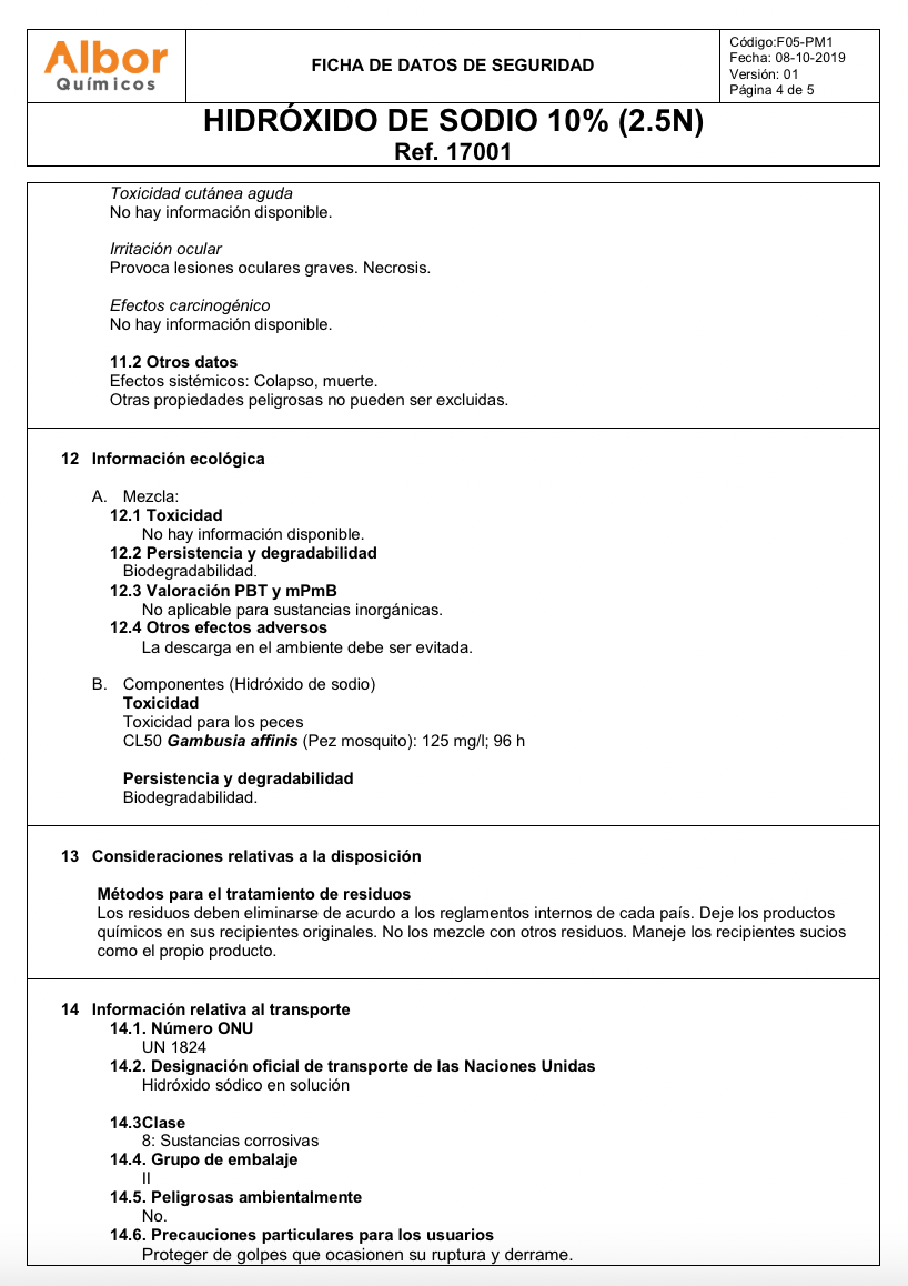 Hidróxido de Sodio 10% (2,5N) Albor - Jelt