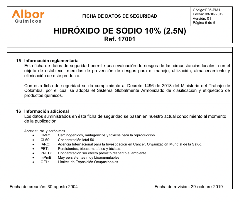 Hidróxido de Sodio 10% (2,5N) Albor - Jelt