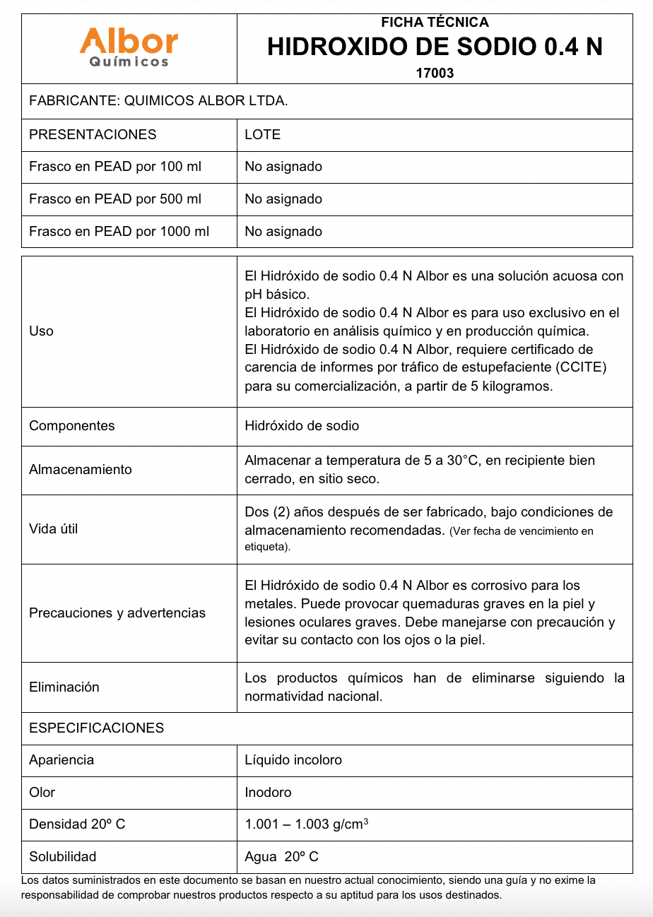 Hidróxido de Sodio 0.4N (1,6%) Albor - Jelt