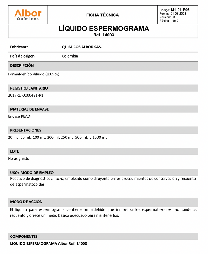 Líquido Espermograma 200ml Albor - Jelt