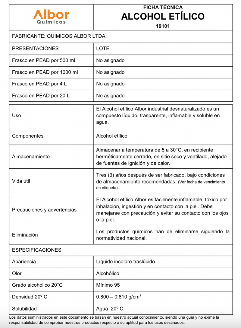 Alcohol Etílico 95% Albor - Jelt