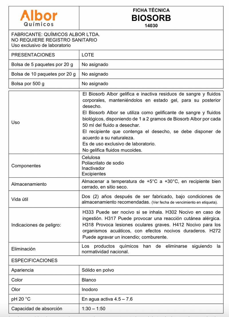 Biosorb Albor, Gelificante Fluidos - Jelt