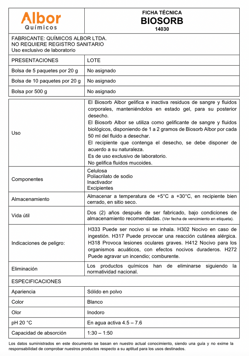 Biosorb con inactivador Albor - Jelt