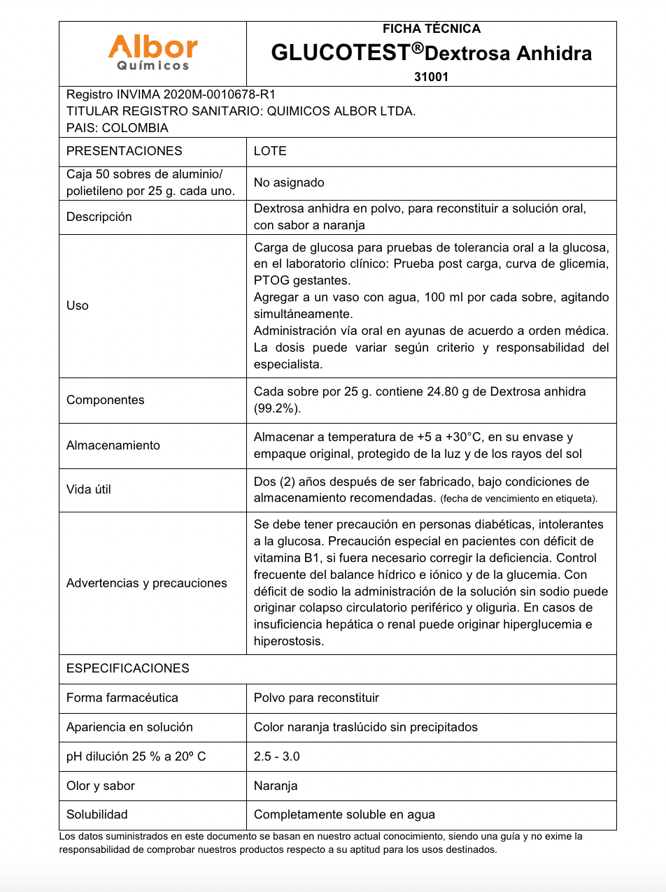 Glucotest Albor Carga de Glucosa Caja x 50