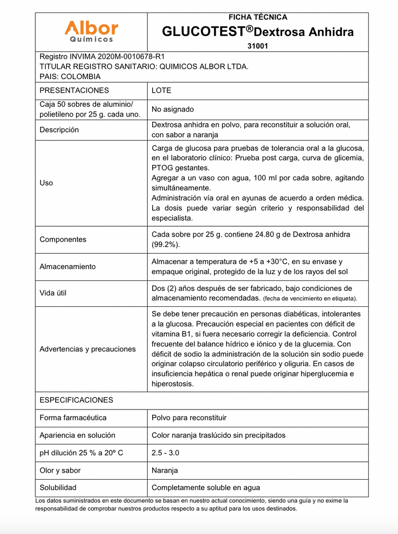 Glucotest Albor Carga de Glucosa Caja x 50