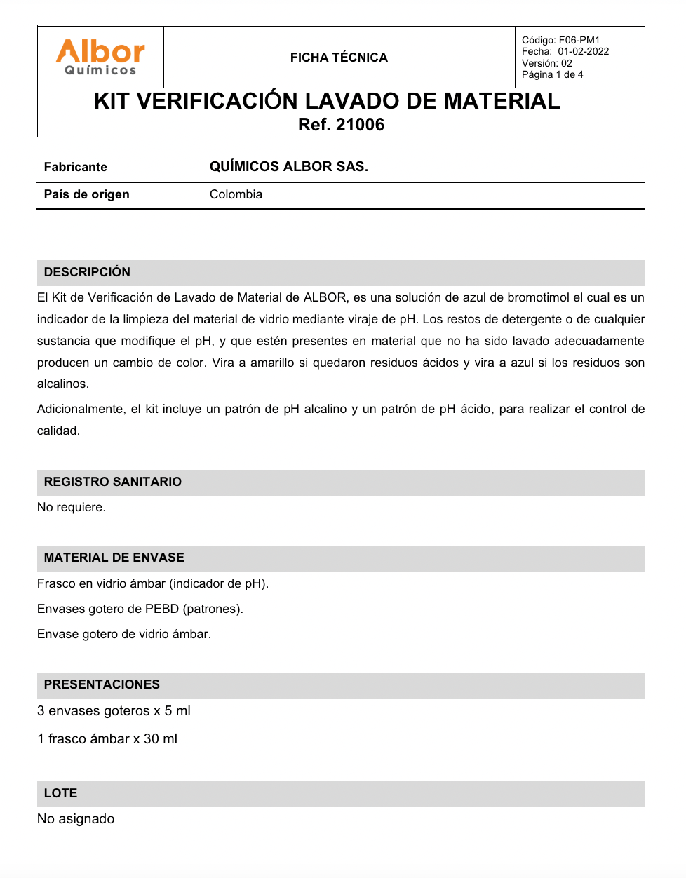 Kit Verificación Lavado de Material Albor 30ml