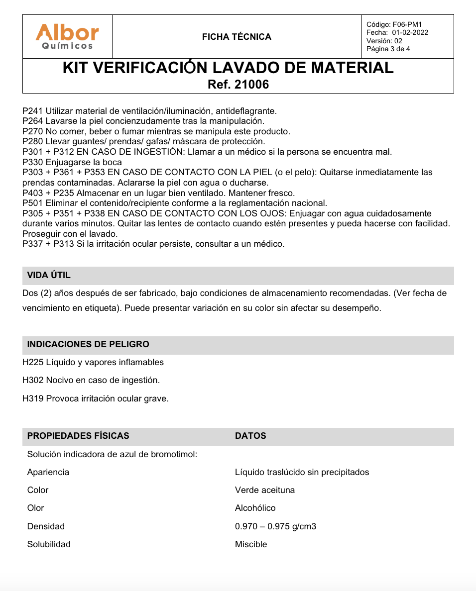 Kit Verificación Lavado de Material Albor 30ml