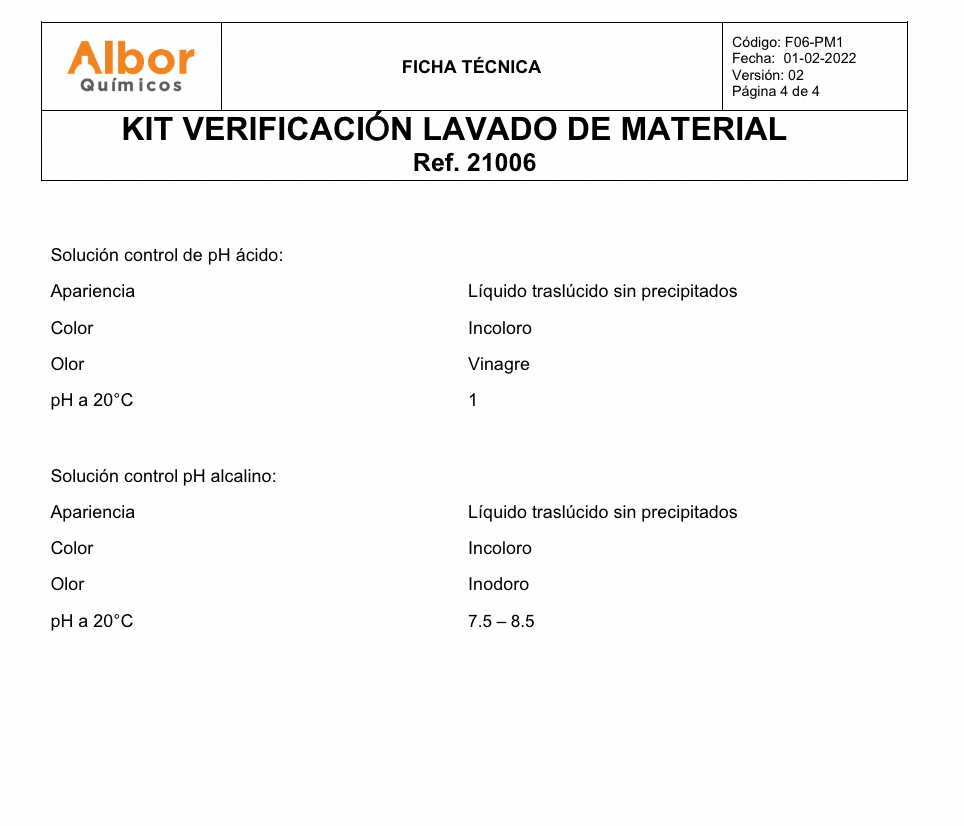 Kit Verificación Lavado de Material Albor 30ml