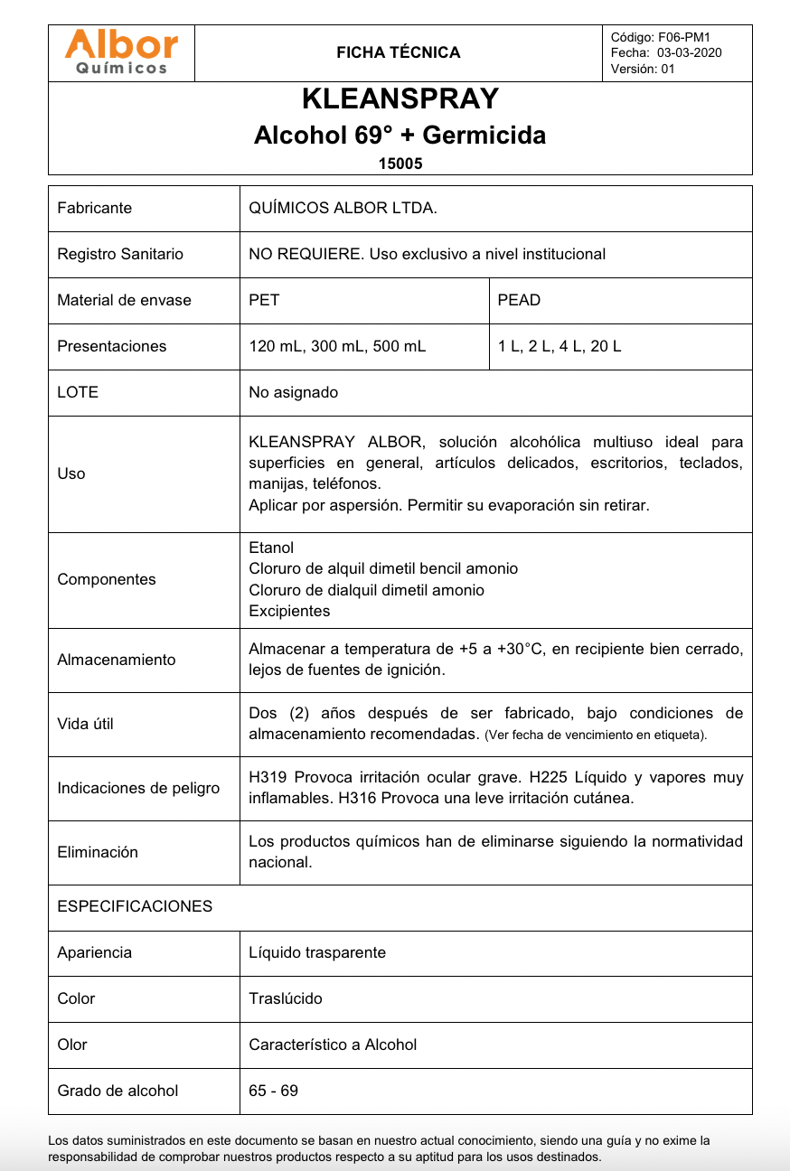 Kleanspray (Alcohol + Germicida) Albor