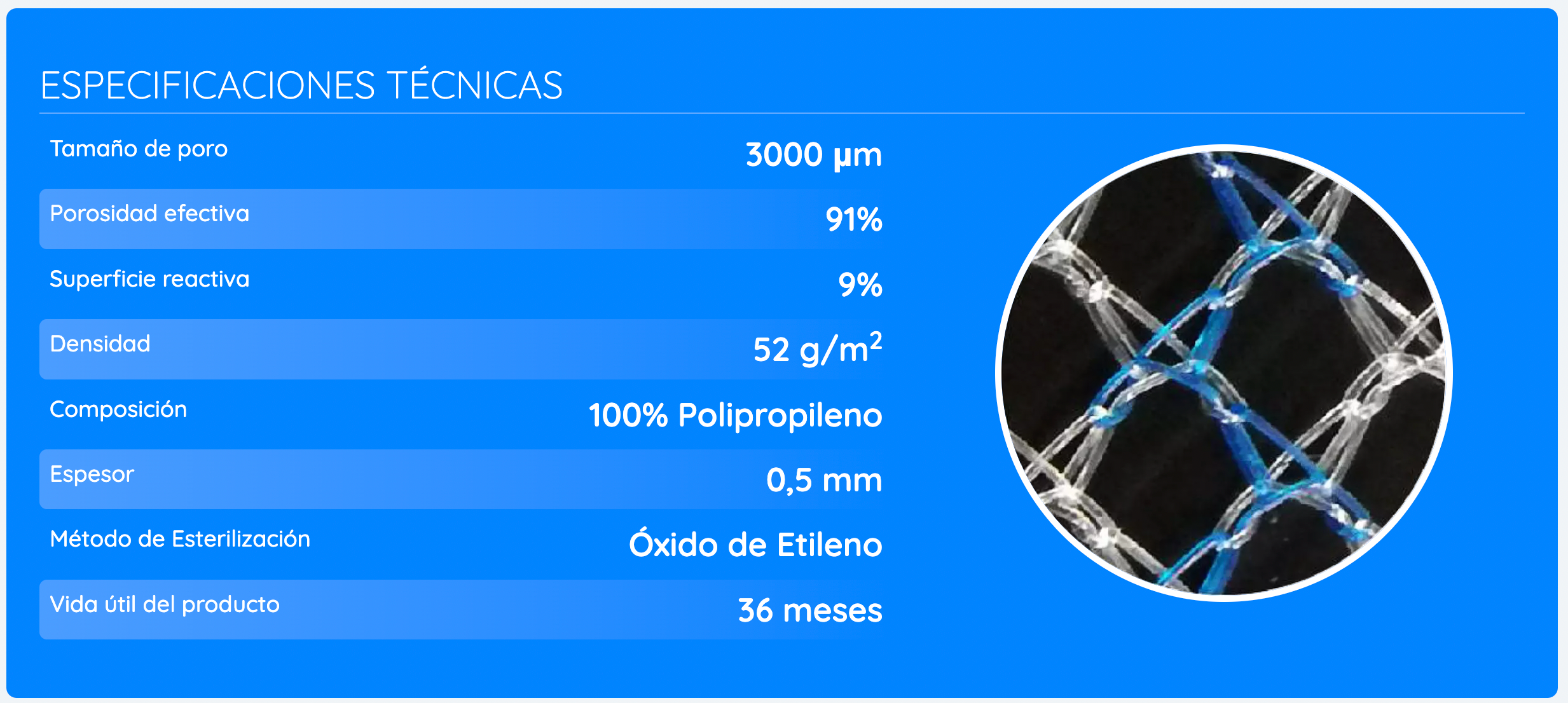 Malla quirúrgica Winer Blue, grandes poros, para reparación de defectos de la pared abdominal, alta porosidad efectiva, baja superficie reactive