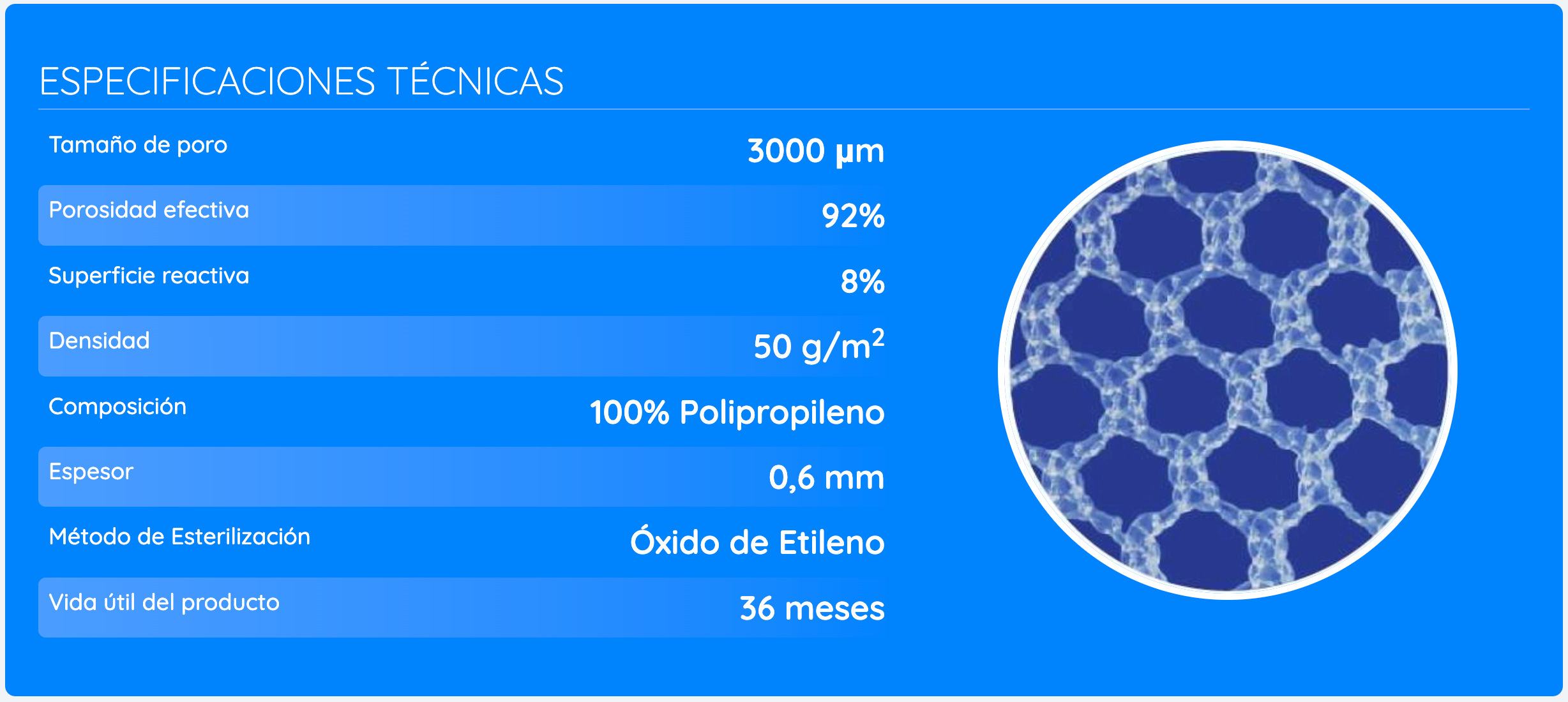 Malla quirúrgica Winer flex, estable, grandes poros, alta porosidad efectiva, baja superficie reactiva, densidad media