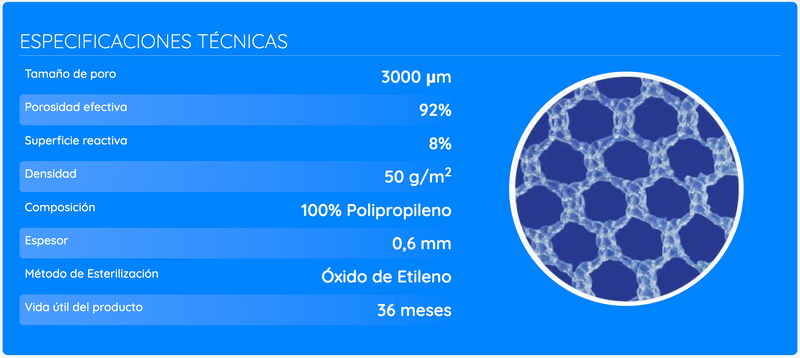 Malla quirúrgica Winer flex, estable, grandes poros, alta porosidad efectiva, baja superficie reactiva, densidad media