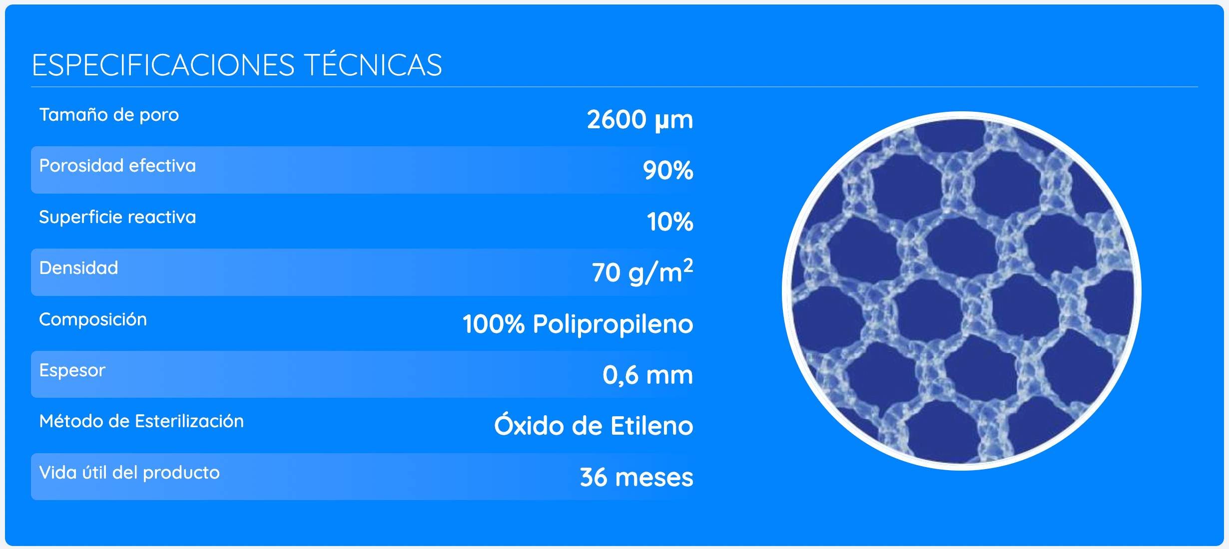 Malla quirúrgica Winer II, grandes poros, estable, promueve la alta fibroplastia, alta porosidad efectiva y baja superficie reactiva