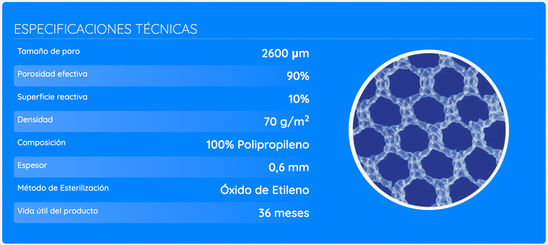 Malla quirúrgica Winer II, grandes poros, estable, promueve la alta fibroplastia, alta porosidad efectiva y baja superficie reactiva