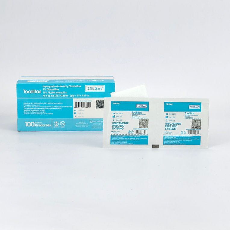 Toallita Húmeda Alfasafe Plegadiza x 100 – Alcohol Isopropílico 70% + Clorhexidina 2%