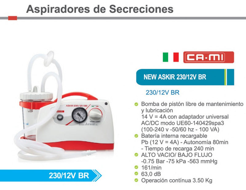 Aspirador portátil de secreciones frasco 1Lt 16LPM New Askir 230 12V BR batería y corriente CAMI Ultraschall