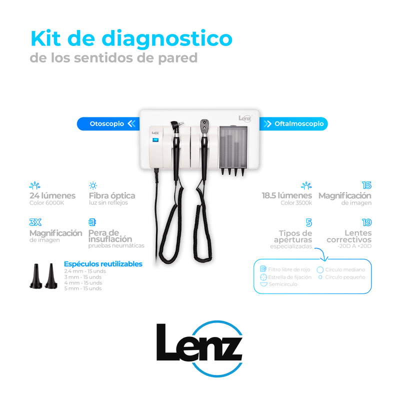 Sistema integrado de diagnóstico de pared otoscopio + oftalmoscopio y espéculos LENZ, Kit de diagnóstico de los sentidos