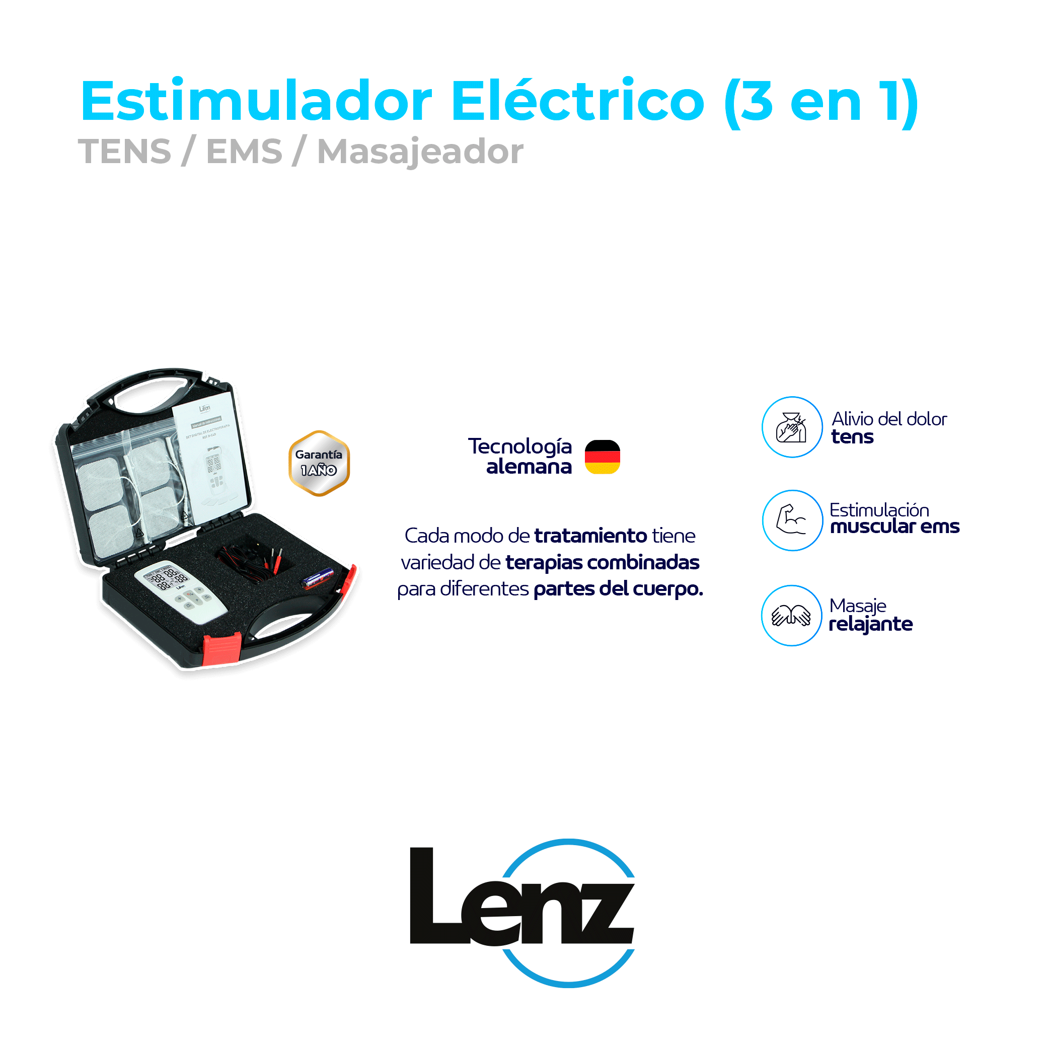 Set digital de electroterapia (Tens, ems y masajeador) Lenz